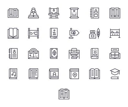 Book Vector Icon Collection featuring 25 Pixel Optimized High Resolution Re.. Stock Illustration
