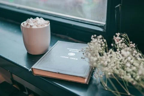 A book on the windowsill, flowers and a cup of coffee Stock Photos