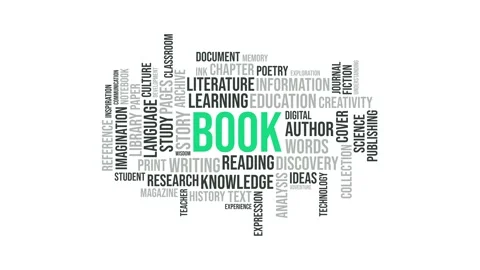 Book word cloud typography animation with literature and learning terms 库存影片 343780245