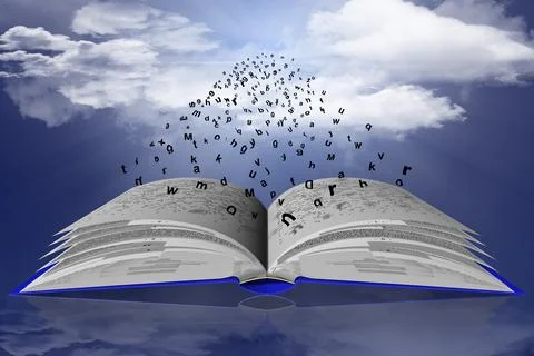 Book Words Letters Sky clouds - 3D illustration. 스톡 일러스트