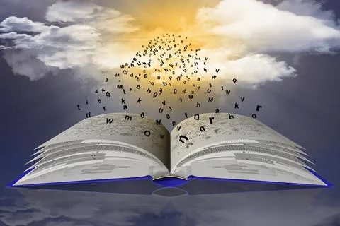 Book Words Letters Sky clouds - 3D illustration. Stock Illustration