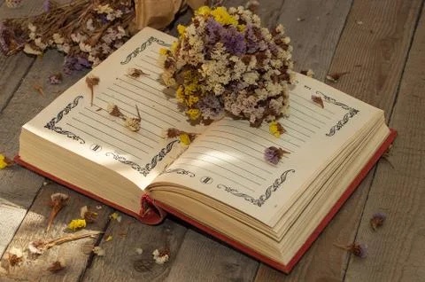 Book to write notes with dried flowers. Stock Photos