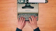 Writer Typing With Retro Writing Machine. View From Above. Stock