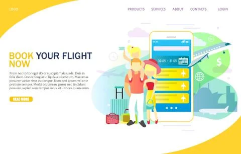Book your flight now vector website landing page design template Stock Illustration