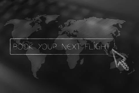 Book your next trip button with cursor about to click over world map overlay Stock Illustration
