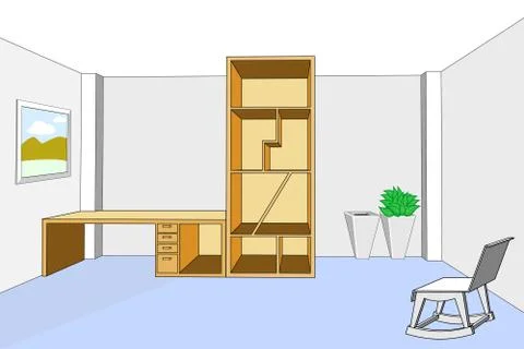 Bookcase and desk 3d in empty room vector illustration Stock Illustration
