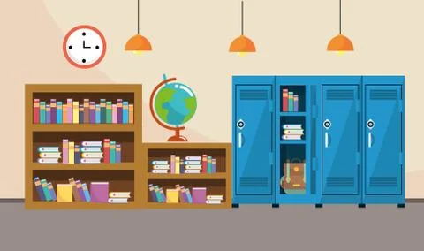Bookcase and lockers with clock in the classroom supplies Stock Illustration