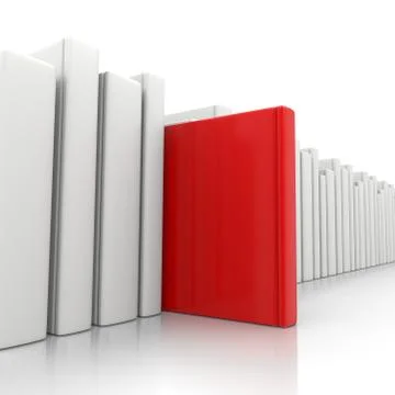 Bookcase and a red book standing up on white background Stock Illustration
