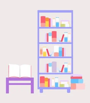 Bookcase and table with book, vector graphics Stock Illustration