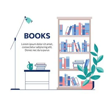 Bookcase and table with books and a cup of tea. Bookshelf vector illustration Stock Illustration