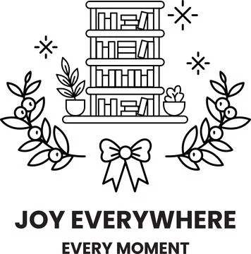 A bookcase with a bow on it and the words "joy everywhere" written below it Stock Illustration