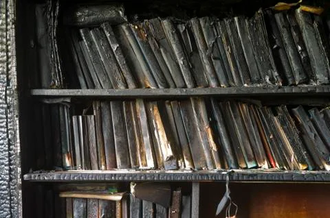 Bookcase  damaged after fire 写真素材