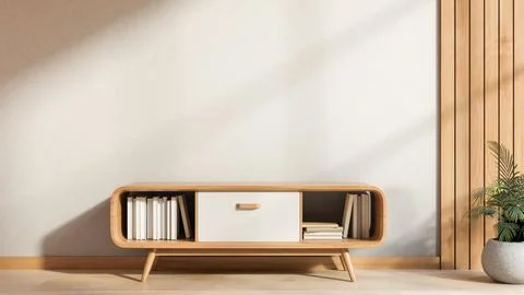Bookcase drawer table on parquet floor and white wall in sunlit corridor or.. Stock Illustration