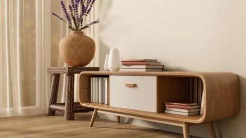 Bookcase table and flower vase on chair on wooden parquet floor with sunlig.. Stock Illustration