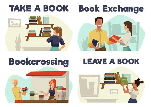 Bookcrossing scenes set, flat vector illustration isolated on white background. Stock Illustration