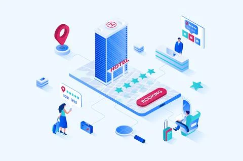 Booking 3d isometric web design. People go on vacation to travel and book hotel Stock Illustration