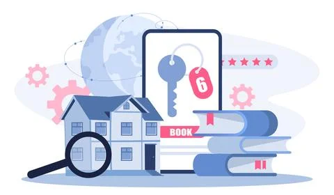 Booking accommodation mobile. Stack of books and magnifying glass near building Stock Illustration