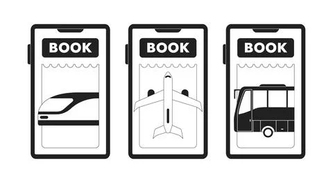 Booking bus, train, plane tickets app monochrome concept vector illustration set Illustrazione stock