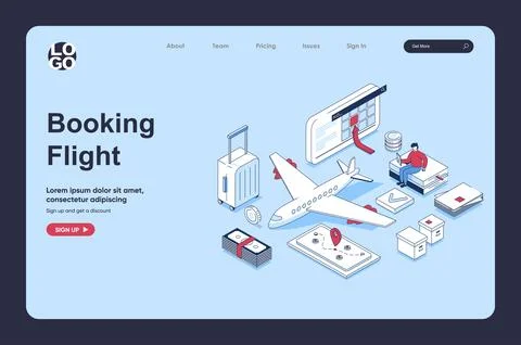 Booking flight concept in 3d isometric design for landing page template. Pe.. Stock Illustration