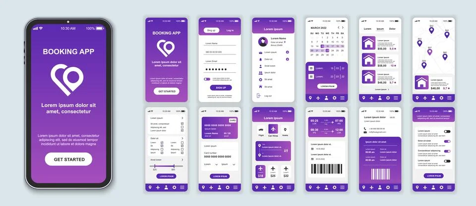 Booking mobile app interface screens template set. Online account, login, hot Stock Illustration