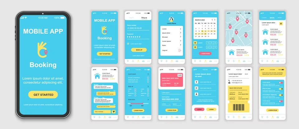 Booking mobile app interface screens template set. Account login, calendar, m 스톡 일러스트