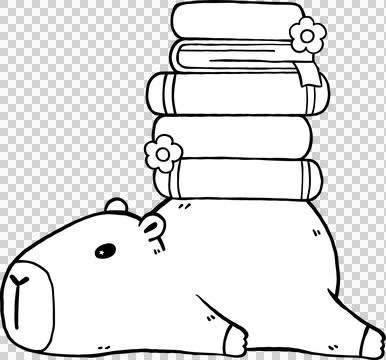 Bookish Lazy Capybara with Stack of Books Outline Hand Drawn Stock Illustration