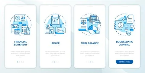 Bookkeeping elements blue onboarding mobile app screen Stock Illustration