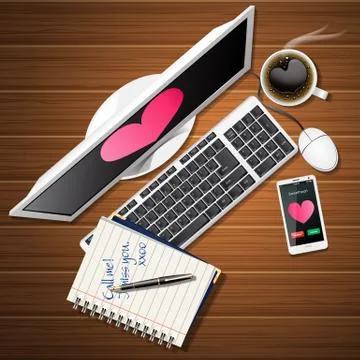 Booklet and computer with mobile phone and coffee cup Stock Illustration