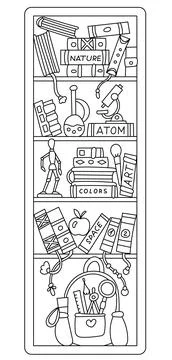 Bookmark Book Shelf With School Items Backpack Microscope Test Tubes Stock Illustration