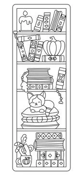 Bookmark With Cat Pumpkin And Fall Leaves On Bookshelf Stock Illustration