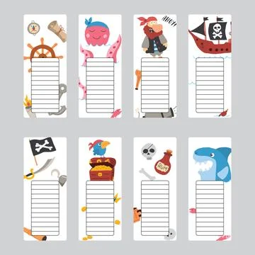 Bookmarks with cute Pirates items, Cartoon Pirate elements sticker collection Stock Illustration