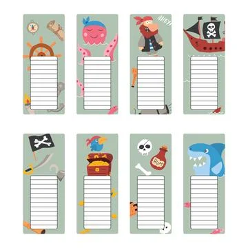 Bookmarks with cute Pirates items, Cartoon Pirate elements sticker collection Illustrazione stock