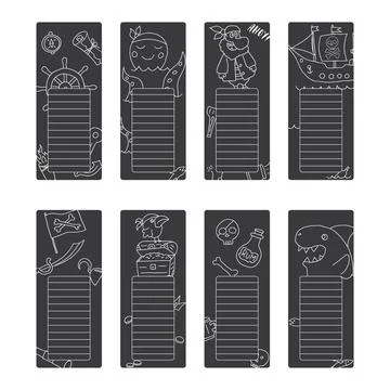 Bookmarks with cute Pirates items, Cartoon Pirate elements sticker collection Illustrazione stock