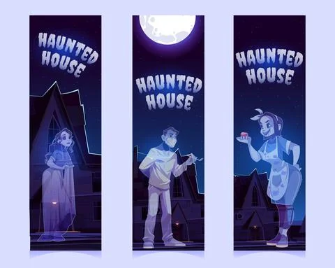 Bookmarks with haunted house and ghosts at night Stock Illustration