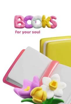 Books 3D style vector poster design with flowers, cartoon books, literature Stock Illustration
