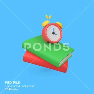 Books and alarm clock isolated 3d render icon illustration PSD Template