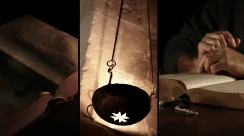 Books and candle in church Stock Footage
