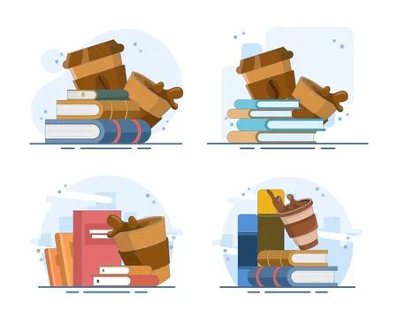 Books and coffee set featuring stacked books and a warm beverage for reading Stock Illustration