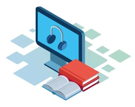Books and computer with headphones on screen over white background Stock Illustration