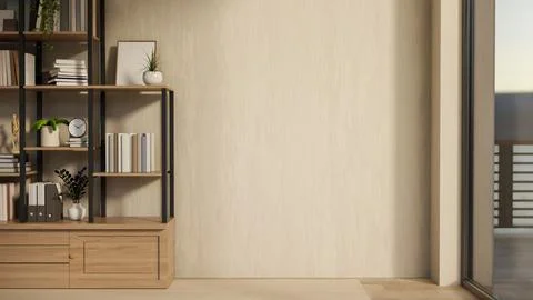 Books and folder on display shelf on parquet floor aside wooden wall and gl.. Illustrazione stock