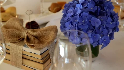 Books and hydrangea wedding decor Stock Footage 101750863