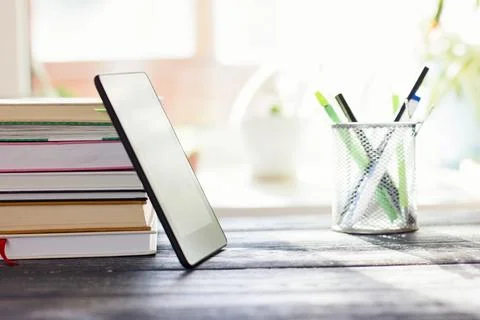 Books and pc tablet on the table. study and prepare for exam. modern educat.. Stock Photos