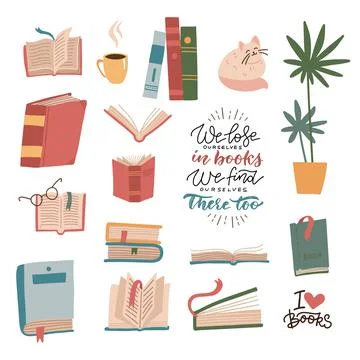 Books and reading elements set. Stack of books, textbooks, cute cat, houseplant Stock Illustration