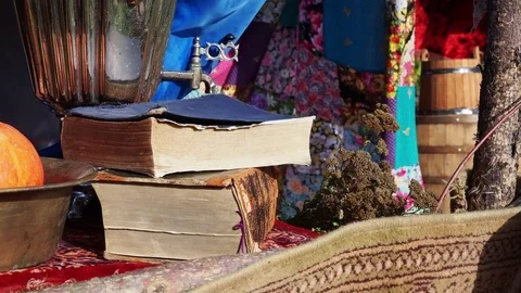 Books and the samovar standing on the table Stock Footage 83000549