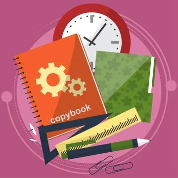 Books and school process. Writing and Drawing in zoshite. Office prednadlezhn Stock Illustration