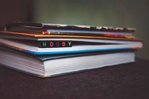 Books are close-up. A stack of books with the inscription on the cubes. Hobbi 写真素材