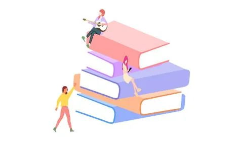 Books are stacked in a stack and people sit on them, vector graphics Stockillustratie