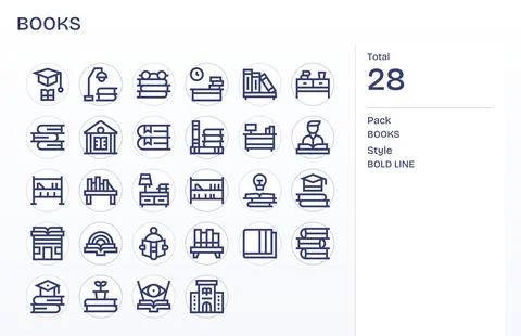 Books Comprehensive Vector Bundle with 28 Editable Bold Line 256x256 Icons Stock Illustration