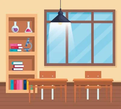 Books with erlenmeyer flask and microscope with window in the classroom 스톡 일러스트