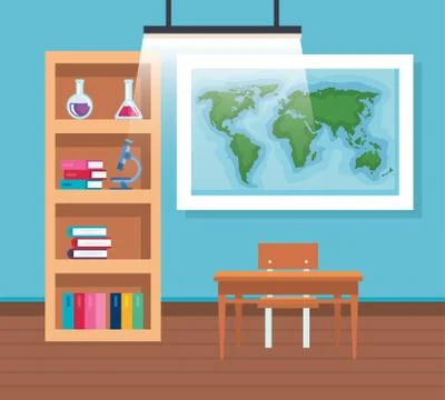 Books with erlenmeyer flask and microscope in the classroom Stock Illustration